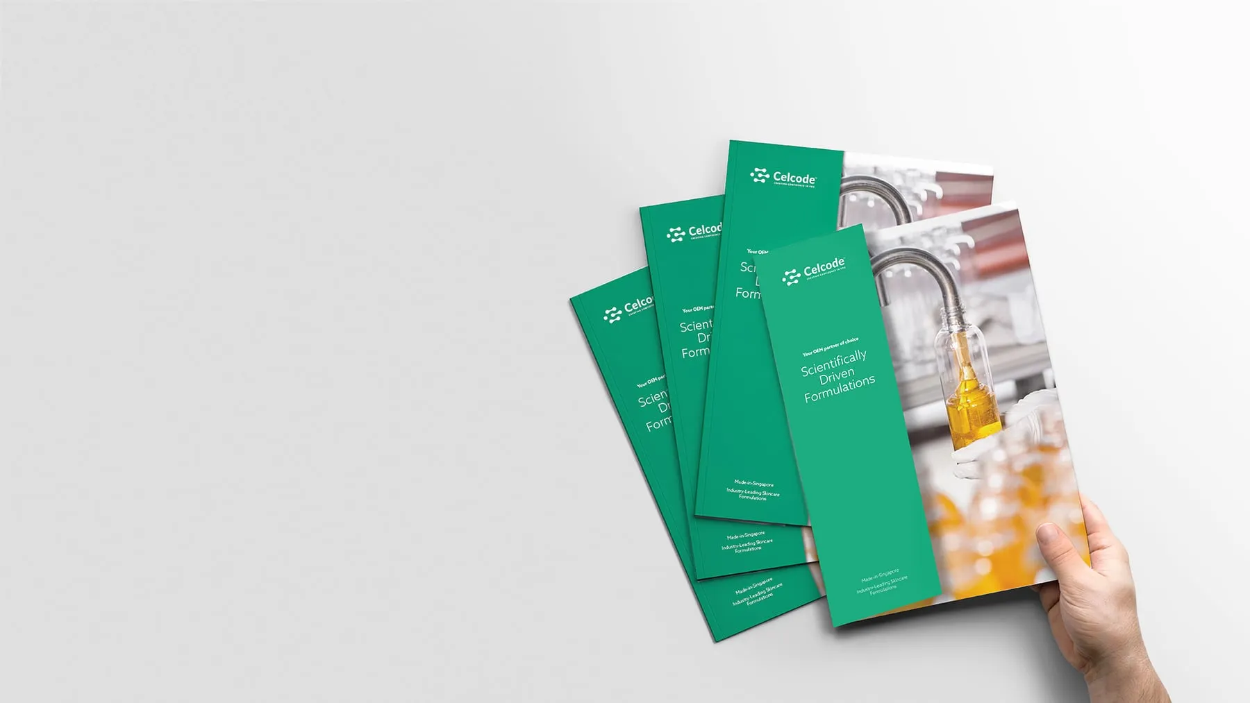 Printed Celcode brochures fanned out in a hand