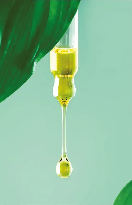 Drop of oil falling from a pipette against green leaves