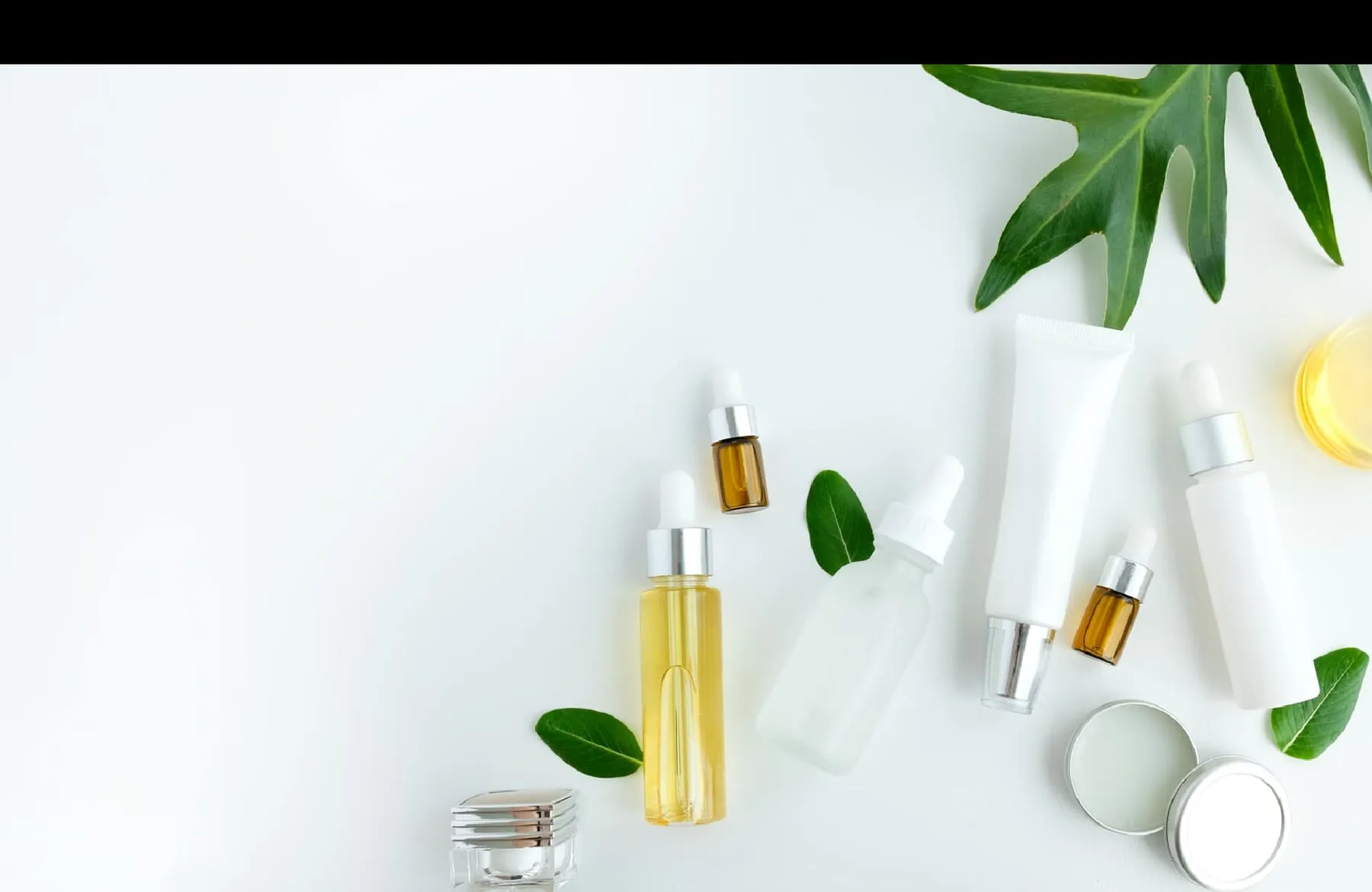 Skincare bottles, jars and fresh leaves laid out on a white surface