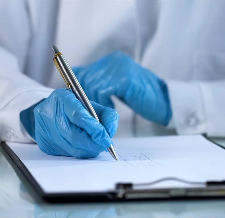 Gloved hand writing notes on a clipboard