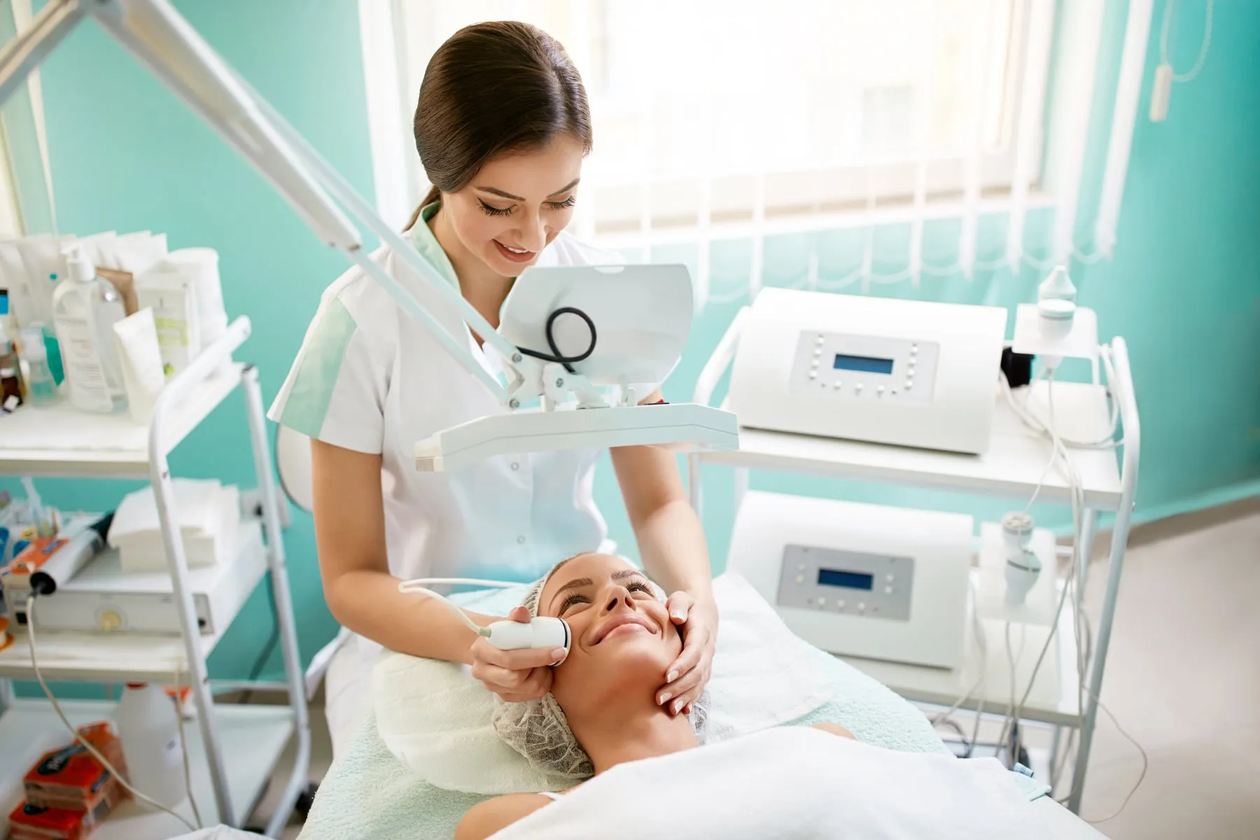 Facial treatment being performed in a clinic
